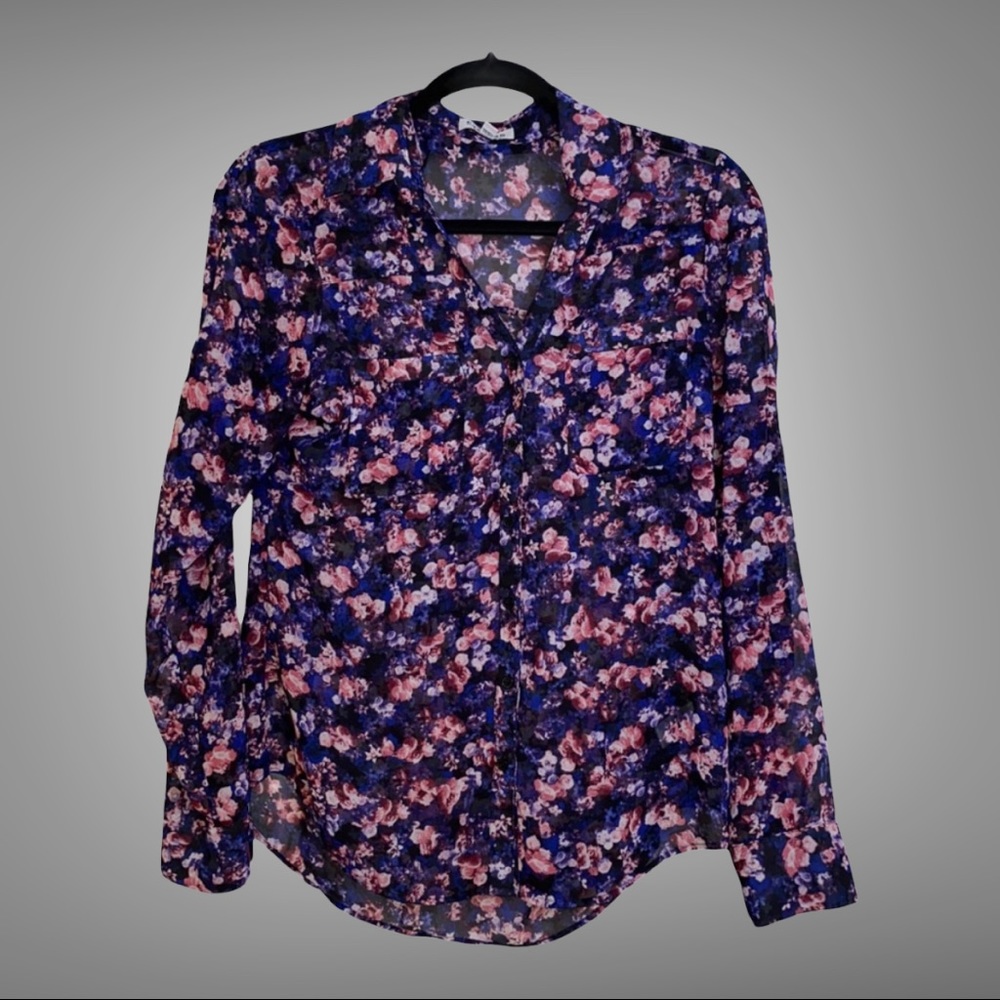 Express Portofino Blouse XS Floral Top Button Down Office Dressy Sheer